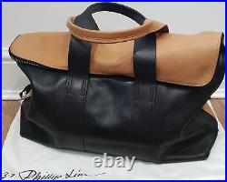 3.1 PHILLIP LIM 2 Tone Black Tan Leather HOUR BAG Double Top Handle Rolled Bag