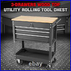 3-Drawer Wood Top Rolling Tool Trolley Chest Storage Cabinet with Wheels & Keys