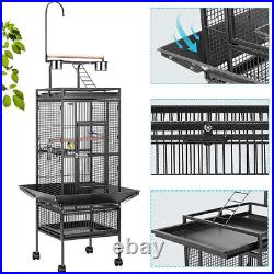 72'' Wrought Iron Large Bird Cage with Play Top, Rolling Stand Parrots Conures