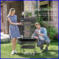 72'' Wrought Iron Large Bird Cage with Play Top, Rolling Stand Parrots Conures