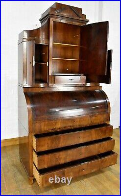 Antique continental roll top writing desk / cylinder bureau with drawers