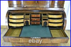 Antique continental roll top writing desk / cylinder bureau with drawers