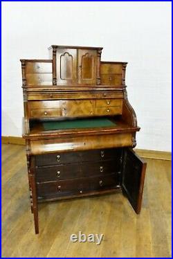 Antique continental writing desk / roll top bureau with drawers