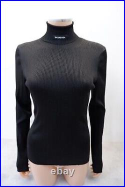 Balenciaga Unisex Womens Ribbed Roll Neck Jumper Top Size L Large Black Logo