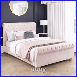Double Sleigh Bed Pink Velvet Roll Top with Chesterfield Headboard Black Feet