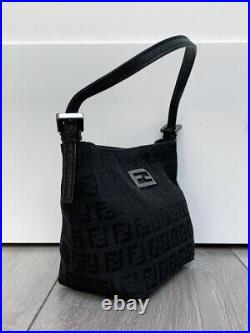 Fendi Mini Roll Black Bag & Authenticity Card Silver Tone Logo Ff Logo Jacquard