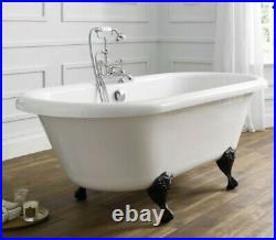 Freestanding White Thermolite roll top Bath Tub with Black Claw Feet