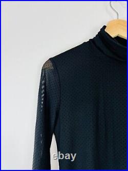 GANNI Black Polka Dot Semi Sheer Long Sleeve Roll Neckline Fitted Top UK 10