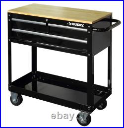 Husky 36 in. 3-Drawer Storage Rolling Tool Cart Steel Metal with Wood Top, Black