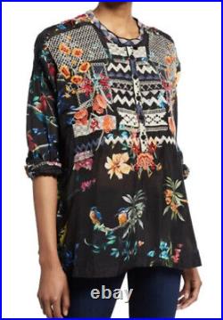 Johnny Was Biya $310 Black 100% Silk Blouse Embroidery Tunic Top M Fits Xl Too