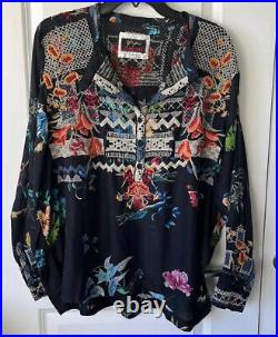 Johnny Was Biya $310 Black 100% Silk Blouse Embroidery Tunic Top M Fits Xl Too