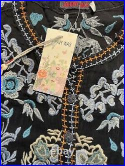 Johnny Was Johrdan Womens Blouse M Black Floral Embroidered Tunic Top $298 RARE