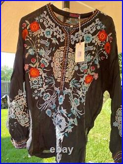 Johnny Was Johrdan Womens Blouse Sz MED Floral Embroidered Tunic Top