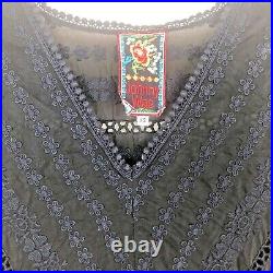 Johnny Was Size XS Embroidered Eyelet Lace Tunic Top Blouse V Neck Black