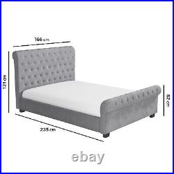 King Size Sleigh Bed Grey Velvet Roll Top with Chesterfield Headboard Black Feet