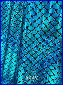 MERMAID Scale Fabric Fish Tail Material Stretch Spandex 59 wide Blue on Black