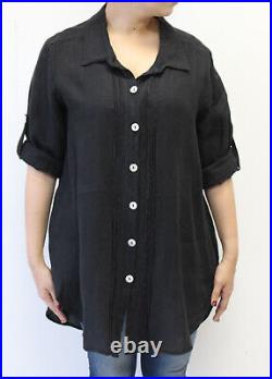 Match Point Pintuck Button Up Roll Sleeve Tunic Top NWT Size Medium Black
