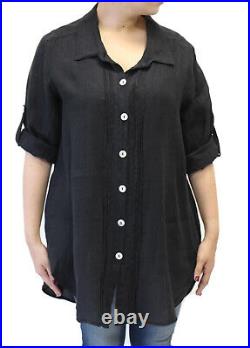 Match Point Pintuck Button Up Roll Sleeve Tunic Top NWT Size Medium Black