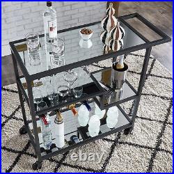 Mirrored Glass Top BLACK Finish Metal Bar Cart Rolling Tea Serving Trolley