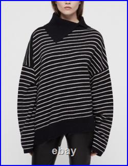 NEW ALLSAINTS Maddie Foldover Roll Neck Sweater Black White Striped XS/S #S5539