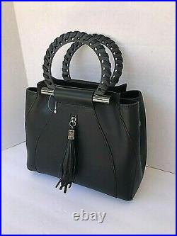 Persaman Black Leather Handbag Duel Rolled Top Rings Handle Web Design