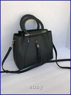 Persaman Black Leather Handbag Duel Rolled Top Rings Handle Web Design