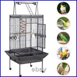 Play Top Parrot Cage Metal Rolling Bird Cage for Lovebirds Budgies Canary Black