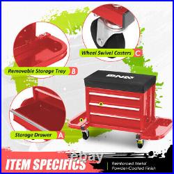 Powder Coated 3-Drawer Tool Chest Rolling Mechanic Padded Creeper Seat withTrays
