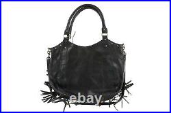 RAJ 164668 Womens Leather Dual Rolled Top Handles Fringe Detail Hobo Bag Black