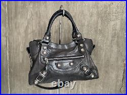 Rare Balenciaga Paris City Grey Leather Moto Bag Silver Studs Made in Italy -Med