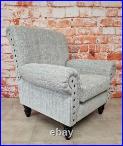 Roll Top Arm Chair Grey Chenille Fabric with Large Brass Stud Detail Black Legs
