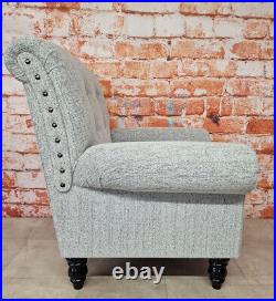 Roll Top Arm Chair Grey Chenille Fabric with Large Brass Stud Detail Black Legs