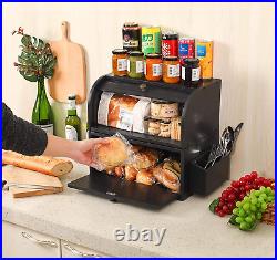 TQVAI Bamboo Bread Box for Kitchen Countertop Dobule Layer Roll Top Bread Bin wi