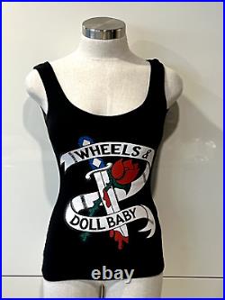 WHEELS & DOLLBABY Black Stretch Knit Logo Red Rose & Knife Tank Top 8Aust/4US